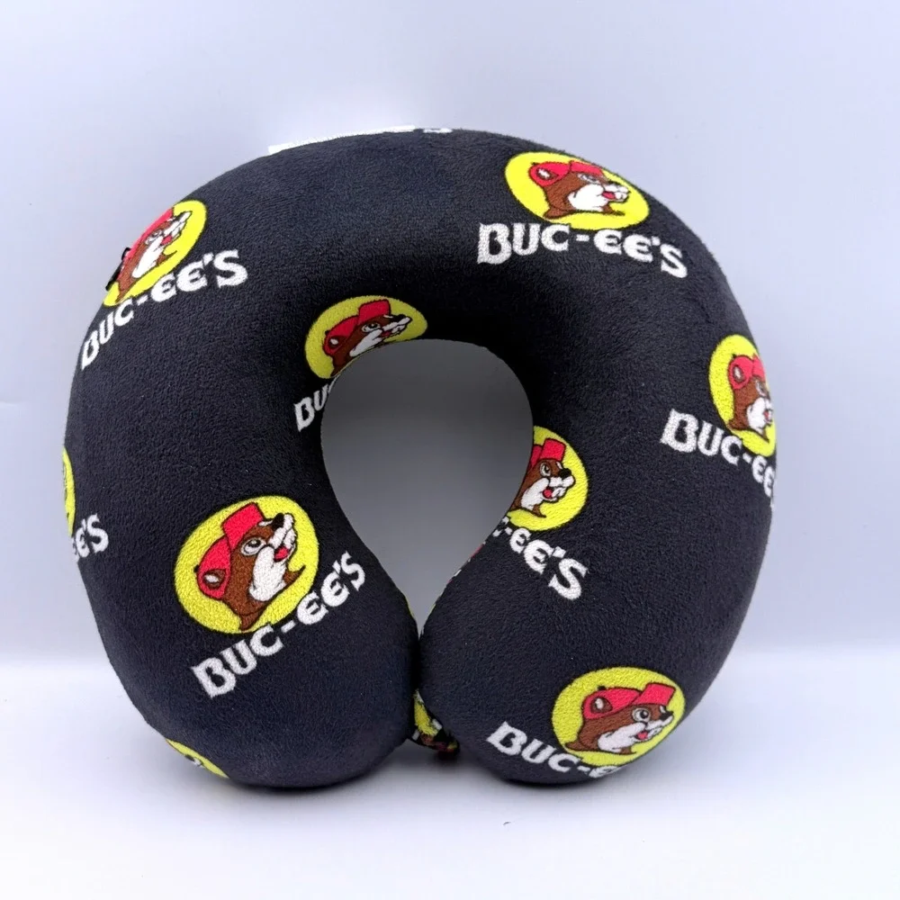 Buc-ee's Travel Neck‎ Pillow OS Black All Over Beaver Logo Print Snap Closure